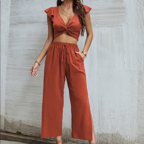 SHEIN Ruffle Trim Twist Top With Pants